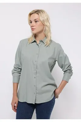 Colins Regular Fit Shirt Neck Düz Kadın Yeşil Uzun Kol Gömlek