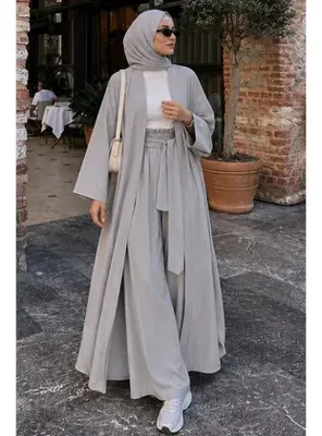 Neva Style Kuşaklı Gri Marakeş Kimono Tesettür Takım 1403GR