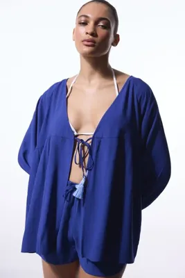 Penti Lacivert Freya Crinckle Kısa Kol V Yaka Midi Kimono