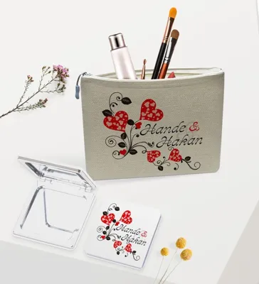Bk Gift Kişiye Özel Keten Makyaj Çantası Ve Ayna Seti, Sevgiliye Hediye, Sevgililer Günü Hediyesi, Doğum Günü Hediyesi-8