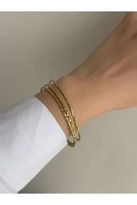 Owentis Çelik Gold Pul Desenli 3lü Ajda Bilezik 6.4 Ölçü -kararma yapmaz-