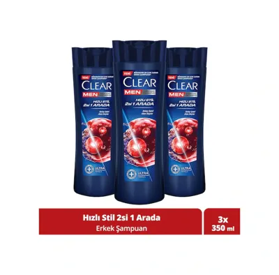 Clear Men Kepeğe Karşı Etkili Şampuan Hızlı Stil 2'si 1 Arada Kolay Şekil Alan Saçlar 350 ml 3 ADET