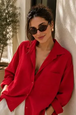 bb butik basic Oversize Keten Dokulu %100 Pamuk Salaş Gömlek - Kırmızı Bb-ku3435