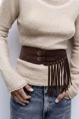 Fulla Moda Püsküllü Çift Tokalı Süet Korse Kemer