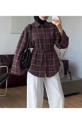 Hepsi Moda Geniş Kol Küçük Ekose Gömlek - 89216 - Bordo & Gri ( ÖS )