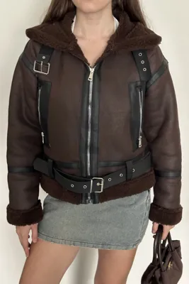 moda armanc Kadın İçi Kürk Detaylı Kemerli Deri Mont - Kışlık Biker Peluş Astarlı Deri Ceket