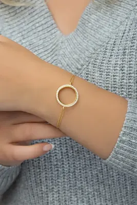 Nereze 925 Ayar Gümüş Gold Zirkon Taşlı Çeyreklik Bileklik