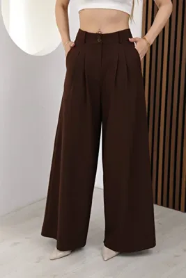 deqfashion Kadın Acı Kahve Yüksek Bel Çift Pileli Palazzo Geniş Paça Kumaş Pantolon Şık Rahat Ofis Günlük