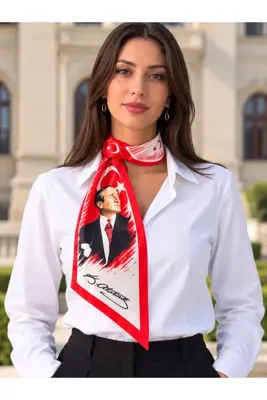 EMAYS DESIGN Atatürk Portreli ve İmzalı Kırmızı Beyaz Türk Bayrağı Desenli Kadın Fular Kravat Eşarp