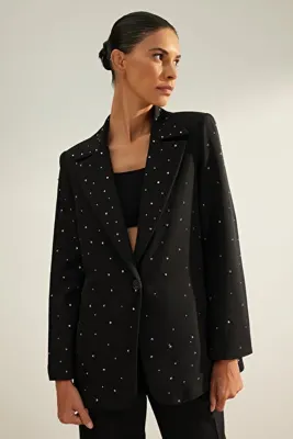 TRENDYOLMİLLA Siyah Regular Dokuma Astarlı Taş Detaylı Blazer Ceket TWOAW24BC00078