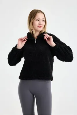 Store Kadın Dik Yaka Peluş Polar Lastik Detaylı Kışlık Mont