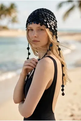 Handmade Gosessa Kadın El Örgüsü Pul Payet Bohem Bandana - File Örgü Plaj Saç Aksesuarı - Siyah