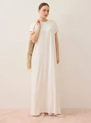 Benin Viskon Kumaş Kısa Kollu Tesettür Elbise - Off White - Benin