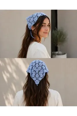 Genel Markalar Kadın Örgü Çiçek Motifli Bandana | Mavi Saç Bandanası | Bohem Yazlık Plaj Uyumlu Saç Aksesuarı