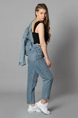 ByCukurovaFrango BY-2023 Boyfriend Kar Mom Mavi Yüksek Bel Likralı Jeans Taş Dar Paça Kot Pantolon