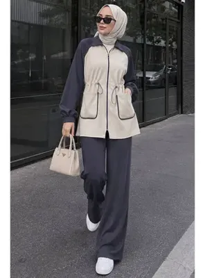 Neva Style Garnili Fermuar Detaylı Oysho Antrasit Tesettür Pantolon Takım 10417ANT