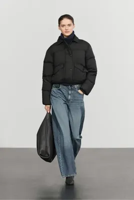 Massimo Dutti Napa deri yakalı şişme mont