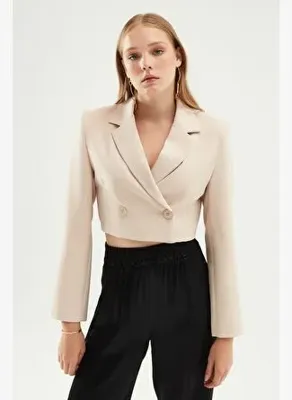 Quzu Kruvaze Crop Blazer Ceket Taş
