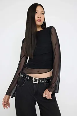 TRENDYOLMİLLA Teen Düz Kayık Yaka Asimetrik Detaylı Vücuda Oturan Esnek Örme Tül Bluz TWOAW26BZ00128