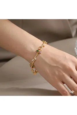 Siya Silver Kararmaz Çelik 14k Altın Kaplama Sıralı Minimal Çiçek Bileklik