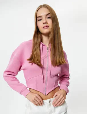 Koton Şardonlu Crop Sweatshirt Fermuarlı Kapüşonlu Uzun Kollu