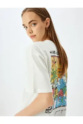 Koton Bisiklet Yaka Arkası Baskılı Ekru Kadın T-Shirt 5SAL10245IK