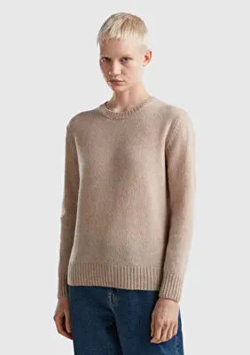 United Colors Of Benetton Kadın Bej Melanj Bisiklet Yaka Shetland Kazak