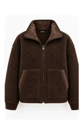 HIMMELDUF Unisexs Süet Yaka Detaylı Fermuarlı Teddy Peluş Ceket