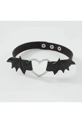 oldskoolbutik Bat Kalp Choker Deri Kolye