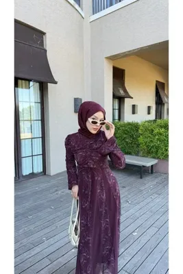 NİLNUR MODA Yeni Sezon Kadın Nilsu Desenli Baskılı Tül Şifon Tasarım Elbise