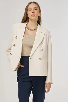 Kayra Gold Düğmeli Blazer Ceket Krem