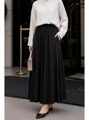 İmajButik Siyah Bel Lastikli Cepli Tencel Etek