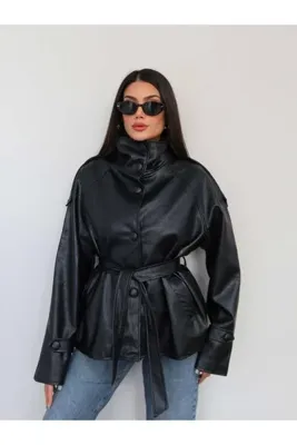 ESRAHELVACI Kuşaklı Suni Deri Ceket