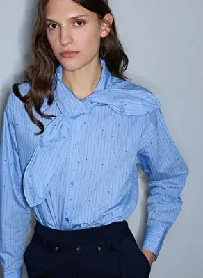 İpekyol Mavi Kadın Şal Yaka Oversize Çizgili Gömlek IW6260025142089
