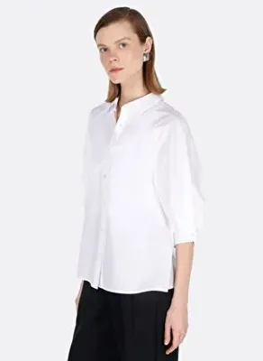 Colins Regular Fit Shirt Neck Düz Kadın Beyaz ¾ Kol Gömlek