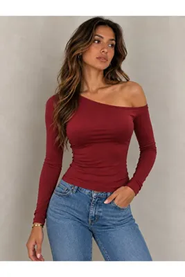 Wildco Bordo Tek Omuz Asimetrik Kayık Yaka Uzun Kollu Bluz, Bordo Tek Omuz Bluz