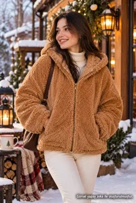 Pababo Kadın Fermuarlı Peluş Mont