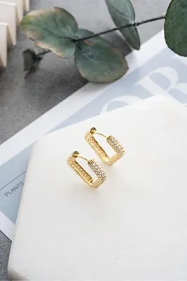 Nereze 925 Ayar Gümüş Gold Kaplama Zirkon Taşlı Kübik Tasarım Küpe