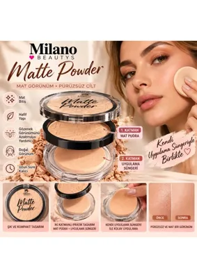 MİLANO BEAUTYS Matte Powder Mat Pudra – Uygulama Süngerli, Doğal Görünümlü Sıkıştırılmış Pudra – 4 Renk Seçeneği