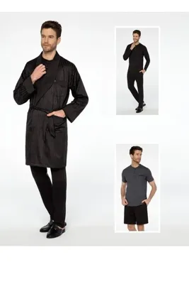 Pijalüx Jakarlı 5 Li Uzun & Kısa Şortlu Pijama Robe De Chambre Damat Çeyiz Seti Koyu Koyu Lacivert