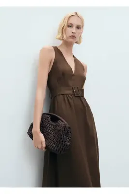 MANGO Woman Kemerli keten elbise