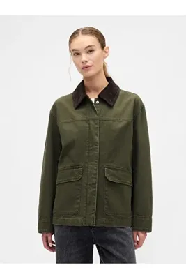 GAP Kadın Koyu Yeşil Relaxed Canvas Barn Ceket