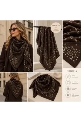 Didoria Accessory Kadın Bandana Desenli Kare Şal Eşarp Paisley Fular 110x110 cm - Kahverengi