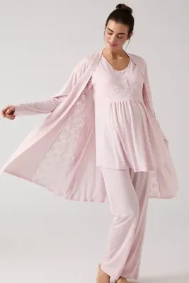 MERCİ MARYA Dantel Detaylı Hamile Lohusa 3'lü Pijama Takımı