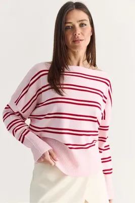 Bianco Lucci Kadın Toz Pembe Çizgili Kayık Yaka Düşük Omuz Oversize Triko Kazak 60286767