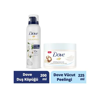 DOVE Dove Macademia Fındığı & Pirinç Sütü Vücut Peeling 225 ML + Deeply Nourishing Duş Köpüğü 200 ML