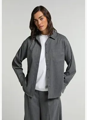 Colins Boyfriend Fit Shirt Neck Çizgili Kadın Gri Uzun Kol Gömlek