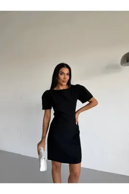 modalima Siyah Kayık Yaka Kısa Kollu Mini Elbise