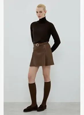 Roman Beli Kemerli Mini Etek Kahve K2615026_005