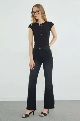 Fulla Moda Yüksek Bel Fermuarlı Flare Jean